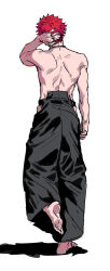 Rule 34 | 1boy, arm behind head, bare back, bare shoulders, barefoot, black nails, black pants, chain, chain necklace, from behind, full body, hand on own head, harai kuko, highres, hypnosis mic, japanese clothes, jewelry, male focus, necklace, pants, red hair, shadow, short hair, simple background, solo, tori shiru