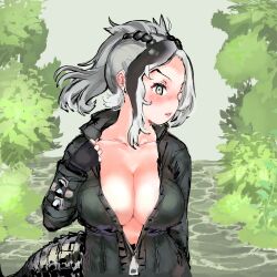 Rule 34 | 1girl, arm at side, asymmetrical hair, black gloves, blush, breasts, chabo-kun, cleavage, collarbone, collared jacket, crocodilian tail, day, fingerless gloves, gloves, green eyes, green hair, green jacket, grey hair, hand up, high ponytail, highres, jacket, kemono friends, large breasts, lips, long hair, long sleeves, looking at viewer, multicolored hair, no bra, nose blush, outdoors, parted lips, partially unzipped, saltwater crocodile (kemono friends), sketch, solo, spiked jacket, spikes, stomach, tail, upper body, water, zipper, zipper pull tab