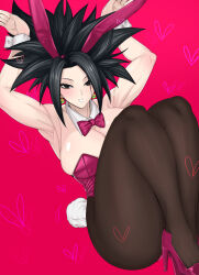 Rule 34 | 1girl, absurdres, alternate costume, animal ears, armpits, black eyes, black hair, black pantyhose, blush, breasts, dragon ball, dragon ball super, earrings, fake animal ears, feet out of frame, heart (symbol), heels, highres, jewelry, kefla (dragon ball), kuso21, large breasts, legs together, leotard, open mouth, pantyhose, pink leotard, playboy bunny, potara earrings, rabbit ears, red background, ribbon, smile, spiked hair, tail, teeth
