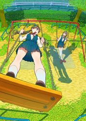 Rule 34 | 2girls, brown hair, chain-link fence, crossed legs, dress, fence, from above, green eyes, happy, long hair, looking at another, looking back, multiple girls, neck ribbon, nobile1031, original, outdoors, park, playing, railing, ribbon, school uniform, shadow, short hair, sitting, smile, socks, standing, standing on swing, swing, swing set, thighhighs, tree, twintails, uniform, white socks