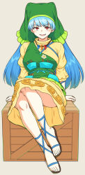 Rule 34 | 1girl, apron, blue hair, box, breasts, dress, feet, flower, frilled apron, frills, full body, green apron, green headwear, green hood, haniyasushin keiki, head scarf, highres, jewelry, kakone, large breasts, legs, long hair, long sleeves, magatama, magatama necklace, medium breasts, necklace, open mouth, puffy long sleeves, puffy sleeves, red eyes, sandals, shirt, single strap, sitting, sitting on box, smile, solo, toenails, toes, touhou, wood carving tool, yellow dress