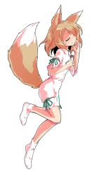 Rule 34 | 1girl, animal ears, blonde hair, blush, bow, breasts, closed eyes, closed mouth, dairi, flying, fox ears, fox tail, from side, green bow, hair between eyes, hands up, kudamaki tsukasa, no shoes, open mouth, romper, short hair, short sleeves, simple background, small breasts, socks, solo, standing, tachi-e, tail, touhou, transparent background, white sleeves, white socks