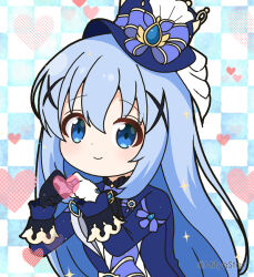Rule 34 | 1girl, asymmetrical gloves, black gloves, blue eyes, blue hair, blue hat, blue jacket, checkered background, closed mouth, commentary request, gloves, gochuumon wa usagi desu ka?, hair between eyes, hair ornament, hands up, hat, heart, heart hands, jacket, kafuu chino, long hair, long sleeves, looking at viewer, mismatched gloves, mitya, sleeves past wrists, smile, solo, top hat, twitter username, upper body, very long hair, white gloves, x hair ornament