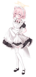 Rule 34 | 1girl, absurdres, alternate costume, amerika neko, apron, black dress, black footwear, blue archive, blush, closed mouth, dress, enmaided, frilled apron, frilled dress, frills, hair between eyes, halo, highres, maid, maid headdress, medium hair, one side up, pink eyes, pink hair, puffy short sleeves, puffy sleeves, serina (blue archive), shoes, short sleeves, simple background, smile, solo, thighhighs, white apron, white background, white thighhighs, yellow halo