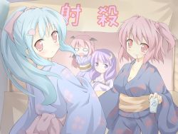 Rule 34 | 4girls, bat wings, blue hair, blush, bound, bow, breasts, cleavage, crescent, crescent hair ornament, female focus, flower, food, fruit, hair bobbles, hair bow, hair ornament, head wings, highres, hinanawi tenshi, japanese clothes, kimono, koakuma, long hair, looking back, medium breasts, mouth hold, multiple girls, no headwear, o o, obi, onozuka komachi, open mouth, patchouli knowledge, peach, pink hair, purple eyes, purple hair, red eyes, red hair, ribbon, rope, sash, shino megumi, short hair, smile, tears, tied up (nonsexual), toothpick, touhou, twintails, two side up, wings