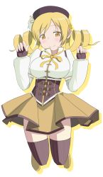 Rule 34 | 10s, 1girl, absurdres, belt, beret, blonde hair, blush, drill hair, enderspain, full body, hat, highres, jumping, long hair, looking at viewer, magical girl, mahou shoujo madoka magica, mahou shoujo madoka magica (anime), ribbed legwear, ribbon, skirt, smile, solo, striped clothes, striped thighhighs, thighhighs, tomoe mami, twin drills, twintails, vertical-striped clothes, vertical-striped thighhighs, yellow eyes