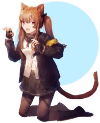 Rule 34 | 1girl, :3, :d, animal ears, armband, black footwear, black gloves, black pantyhose, black ribbon, black skirt, boots, brown hair, cat ears, cat tail, claw pose, fang, fingerless gloves, full body, girls&#039; frontline, gloves, hair ornament, hair ribbon, hairclip, highres, jacket, kemonomimi mode, knee boots, kneeling, long hair, long sleeves, mncpa, open clothes, open jacket, open mouth, pantyhose, red eyes, ribbon, shirt, sidelocks, skirt, smile, solo, tail, twintails, two-tone background, ump9 (girls&#039; frontline), white shirt