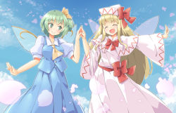 Rule 34 | 2girls, arnest, blonde hair, blue skirt, blue sky, blue vest, blush, bow, bowtie, capelet, cloud, collared shirt, daiyousei, dress, closed eyes, fairy, fairy wings, green eyes, green hair, hair bow, hat, holding hands, lily white, long hair, long sleeves, multiple girls, necktie, open mouth, petals, pleated skirt, puffy short sleeves, puffy sleeves, red bow, red neckwear, red sash, sash, shirt, short hair, short sleeves, skirt, sky, smile, touhou, vest, white capelet, white dress, white headwear, white shirt, wide sleeves, wings, yellow bow, yellow neckwear