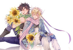 Rule 34 | 2boys, absurdres, back-to-back, bare arms, bare shoulders, battle tendency, blonde hair, blue gloves, blue jacket, boots, brown hair, caesar anthonio zeppeli, closed eyes, closed mouth, commentary, crop top, eyebrows hidden by hair, facial mark, feather hair ornament, fingerless gloves, flower, gloves, hair between eyes, hair ornament, hand on own knee, headband, highres, holding, holding flower, jacket, jojo no kimyou na bouken, joseph joestar, joseph joestar (young), knee boots, knee pads, laughing, male focus, midriff, multiple boys, open mouth, pink scarf, reflection, reflective floor, scarf, short hair, simple background, sitting, sky kiki, sleeveless, smile, striped clothes, striped scarf, sunflower, symbol-only commentary