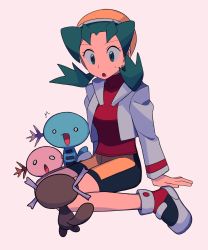 Rule 34 | 1girl, :o, alternate color, arm support, bike shorts, commentary request, creatures (company), cropped jacket, eyelashes, game freak, gen 2 pokemon, green eyes, green hair, hat, highres, jacket, kris (pokemon), long hair, nintendo, open clothes, open jacket, paldean wooper, pokemon, pokemon (creature), pokemon gsc, red shirt, shiny pokemon, shirt, shoes, sitting, sneakers, sweatdrop, tyako 089, white background, wooper, yellow headwear