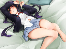 Rule 34 | 1girl, arm up, barefoot, black hair, blazer, brown eyes, collared shirt, commentary request, commission, feet, grey skirt, hand up, highres, jacket, k-on!, kagiana, long hair, long sleeves, nakano azusa, navel, neck ribbon, no legwear, on bed, open clothes, open jacket, pleated skirt, red ribbon, ribbon, sakuragaoka high school uniform, school uniform, shirt, shirt partially tucked in, skeb commission, skirt, solo, thighs, toes, twintails, white shirt, winter uniform