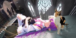 Rule 34 | 1girl, 4boys, absurdres, aether sage (elsword), aisha landar, bare shoulders, book, cat, coat, elsword, globe, highres, holding, holding book, long hair, looking at viewer, multiple boys, on floor, purple hair, reflective floor, siamese cat, solo focus, toridet, townscape, window