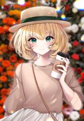 Rule 34 | 1girl, absurdres, aqua eyes, blonde hair, blurry, blurry background, blush, bokeh, closed mouth, cup, depth of field, disposable coffee cup, disposable cup, flower, hair between eyes, hat, highres, holding, holding cup, lacia everlight, looking at viewer, medium hair, millie parfait, nijisanji, nijisanji en, rose, smile, solo, twitter username, virtual youtuber
