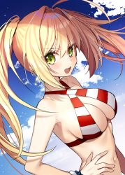 Rule 34 | &gt;:d, 1girl, :d, ahoge, bikini, blonde hair, blue sky, blush, bracelet, breasts, cleavage, cloud, cloudy sky, criss-cross halter, day, fate/grand order, fate (series), floating hair, gambe, green eyes, hair between eyes, hair intakes, halterneck, hand on own hip, jewelry, large breasts, long hair, looking at viewer, navel, nero claudius (fate), nero claudius (fate) (all), nero claudius (swimsuit caster) (fate), open mouth, outdoors, red bikini, sidelocks, sky, smile, solo, striped bikini, striped clothes, swimsuit, teeth, tsurime, twintails, upper body, v-shaped eyebrows, white bikini