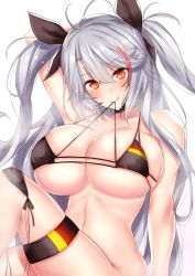 Rule 34 | 1girl, azur lane, bikini, bikini top only, blush, breasts, cleavage, flag print, german flag bikini, grey hair, hair ribbon, highres, huge breasts, long hair, looking at viewer, multicolored hair, orange eyes, prinz eugen (azur lane), prinz eugen (unfading smile) (azur lane), ribbon, sankakusui, sitting, smile, solo, source request, swimsuit, thigh strap, tongue, tongue out, twintails, two side up