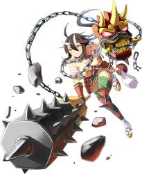 Rule 34 | 1girl, ahoge, black hair, boots, breasts, chain, cleavage, club (weapon), emerane, full body, gloves, hair ribbon, holding, holding weapon, horns, kanabou, large breasts, long hair, low-tied long hair, multicolored hair, official art, onigajo (oshiro project), orange eyes, oshiro project:re, oshiro project:re, red hair, ribbon, rock, smile, tabi, thigh boots, thighhighs, transparent background, very long hair, weapon
