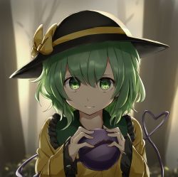 Rule 34 | 1girl, black hat, blouse, blurry, blurry background, bow, bush, closed mouth, commentary request, eyeball, fog, frilled shirt collar, frills, green eyes, green hair, hair between eyes, hands up, hat, hat bow, heart, heart of string, highres, holding, komeiji koishi, long sleeves, looking at viewer, outdoors, shirt, short hair, solo, third eye, touhou, tree, twilight, upper body, wide sleeves, yellow bow, yellow shirt, yukimiharu