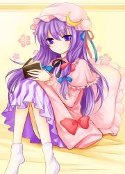 Rule 34 | 1girl, bad id, bad pixiv id, blush, book, crescent, dress, female focus, hat, long hair, nikoo, patchouli knowledge, pillow, purple eyes, purple hair, sitting, solo, touhou