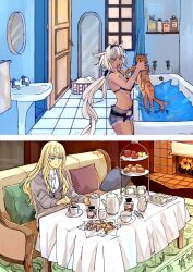 Rule 34 | &gt; &lt;, 1boy, 1girl, alternate costume, animal, animal ears, bathroom, bathtub, belt, bikini, black belt, black bikini, black hairband, blonde hair, blue eyes, body markings, caenis (fate), cardigan, cat, closed eyes, closed mouth, container, couch, croissant, cup, cupcake, dark-skinned female, dark skin, denim, denim shorts, fate/grand order, fate (series), fire, fireplace, food, full-length mirror, grey cardigan, hair between eyes, hair intakes, hairband, hands up, holding, holding animal, holding cat, horse ears, indoors, kirschtaria wodime, laundry basket, light smile, living room, long hair, long sleeves, mirror, on couch, open door, open mouth, pillow, pitcher (container), ponytail, ponytail holder, rug, saucer, shampoo bottle, shelf, shirt, shorts, sink, sitting, standing, stirring, sugar cube, swimsuit, table, tablecloth, tea, teacup, teeth, tiered tray, tile floor, tiles, towel, towel rack, tsengyun, upper teeth only, water, white hair, white shirt, window