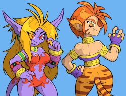 Rule 34 | 2girls, animal ears, armlet, ass, bare shoulders, blonde hair, breasts, breath of fire, breath of fire ii, cat ears, cat tail, collar, colored skin, demon girl, demon tail, dual persona, facial mark, fang, fingernails, gauntlets, jewelry, large breasts, leotard, long fingernails, long hair, monster girl, multiple girls, necklace, purple skin, red eyes, red hair, rinpoo chuan, shenanimation, short hair, tail, yellow eyes