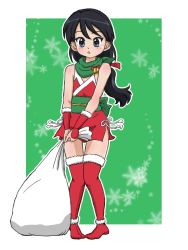 Rule 34 | 1girl, :o, bell, black eyes, black hair, boots, border, christmas, commentary request, cosplay, fukuda haru, fukuda haru (cosplay), full body, girls und panzer, girls und panzer senshadou daisakusen!, gloves, green background, green sash, green scarf, hair ribbon, half gloves, holding, holding sack, japanese clothes, kimono, kubota rin, long hair, looking at viewer, low-tied long hair, ninja, open mouth, outline, outside border, red footwear, red gloves, red kimono, red ribbon, ribbon, sack, santa costume, santa gloves, sash, scarf, short kimono, side slit, sleeveless, sleeveless kimono, snowflake background, solo, standing, takahashi kurage, thigh boots, thighhighs, white border, white outline
