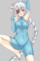 Rule 34 | 1girl, absurdres, ahoge, arm up, armpits, bare shoulders, barefoot, blazblue, blue gloves, blue leotard, blush, braid, braided ponytail, breasts, commentary request, covered navel, elbow gloves, eyepatch, gloves, grey background, hair between eyes, highres, hime gyo, leotard, long hair, looking at viewer, medium breasts, nail polish, nu-13, open mouth, red eyes, silver hair, simple background, single braid, smile, solo, standing, standing on one leg, very long hair