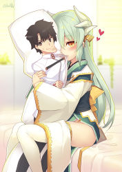 Rule 34 | 1girl, aqua hair, artist name, bed sheet, blurry, blush, brown eyes, character print, command spell, commentary request, dakimakura (object), depth of field, fate/grand order, fate (series), female pervert, fujimaru ritsuka (male), hair ornament, heart, horns, indoors, japanese clothes, kimono, kiyohime (fate), long hair, long sleeves, looking at viewer, minamura haruki, mouth hold, no panties, obi, hugging object, on bed, pelvic curtain, pervert, pillow, pillow hug, room, sash, sitting, smile, solo, thighhighs, twitter username, white thighhighs, wide sleeves, yellow eyes