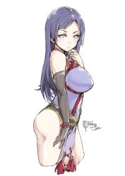 Rule 34 | 1girl, artist name, bare shoulders, blue eyes, blush, closed mouth, cropped legs, fate/grand order, fate (series), from side, hand up, impossible clothes, long hair, looking at viewer, looking to the side, minamoto no raikou (fate), no pupils, parted bangs, purple hair, relaxjon, shiny clothes, simple background, sketch, sleeveless, solo, standing, straight hair, tassel, thighs, white background, wristband