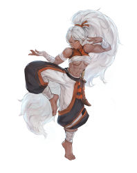 Rule 34 | 1girl, abs, baggy pants, bandages, breasts, dark skin, dungeons &amp; dragons, elf, fantasy, fighting stance, highres, knife, long hair, orange eyes, pants, pointy ears, ponytail, solo, standing, standing on one leg, tezy8art, toned, underboob, white background, white hair