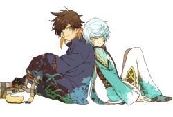 Rule 34 | 10s, 2boys, back-to-back, bishounen, boots, brown hair, closed eyes, green eyes, male focus, mikleo (tales), multiple boys, short hair, sitting, smile, sorey (tales), tales of (series), tales of zestiria, white hair