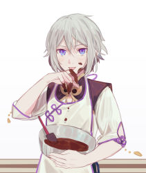 Rule 34 | 1boy, apron, bad id, bad pixiv id, batter, blue eyes, chocolate syrup, cooking, csyday, fate/grand order, fate (series), food, food on face, grey hair, hair between eyes, highres, looking at viewer, male focus, messy, mixing bowl, prince of lan ling (fate), short hair, solo, whisk, wiping face