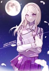 Rule 34 | 1girl, absurdres, ahoge, akamatsu kaede, blonde hair, breasts, character name, collared shirt, danganronpa (series), danganronpa v3: killing harmony, fortissimo, hair ornament, happy birthday, highres, holding, holding paper, long hair, long sleeves, looking at viewer, moon, musical note, musical note hair ornament, necktie, night, paper, pink eyes, pink vest, plaid, plaid skirt, pleated skirt, semo dgrp, shirt, skirt, smile, vest