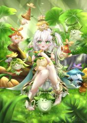Rule 34 | 1girl, 6+others, :d, absurdres, aranara (genshin impact), arcturus2701, bloomers, blurry, cape, commentary, depth of field, detached sleeves, dress, english commentary, forest, genshin impact, gradient hair, grass, green eyes, hair between eyes, hair ornament, highres, hug, knees together feet apart, knees up, long hair, looking at viewer, multicolored hair, multiple others, nahida (genshin impact), nature, open mouth, plant, pointy ears, short sleeves, side ponytail, sidelocks, sitting, smile, stirrup legwear, sunlight, symbol-shaped pupils, toeless legwear, toes, tree, underwear, white bloomers, white dress, white hair