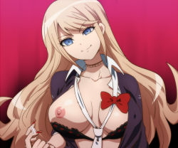 Rule 34 | 10s, 1girl, beckoning, black bra, blonde hair, blue eyes, bow, bra, breasts, buebue, come hither, danganronpa (series), danganronpa: trigger happy havoc, enoshima junko, fingernails, hair down, hairu, head tilt, lace, lace-trimmed bra, lace trim, large breasts, long hair, looking at viewer, loose necktie, nail polish, necktie, nipples, sleeves rolled up, smile, solo, spoilers, underwear, upper body