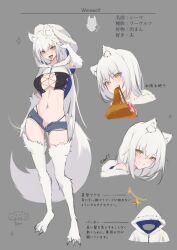 Rule 34 | 1girl, animal ears, bell orgel, body fur, breasts, character sheet, claws, eating, fang, food, fur-trimmed hood, fur trim, grin, highres, hood, hood up, large breasts, long hair, looking at viewer, meat, medium breasts, micro shorts, monster girl, monster girl encyclopedia, multiple views, navel, original, shorts, smile, tail, tongue, tongue out, translation request, werewolf (monster girl encyclopedia), white hair, wolf ears, wolf girl, wolf tail, yellow eyes, zipper pull tab