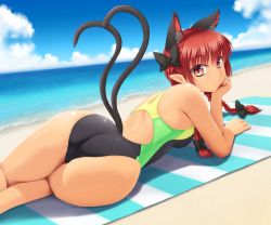 Rule 34 | 1girl, alternate costume, animal ears, ass, bare arms, bare legs, bare shoulders, beach, beach towel, black bow, blue sky, blush, bow, braid, breasts, cat ears, cat tail, cloud, cloudy sky, commentary, competition swimsuit, day, extra ears, hair bow, isaki (gomi), kaenbyou rin, looking at viewer, multiple tails, ocean, one-piece swimsuit, outdoors, pointy ears, short hair with long locks, sky, small breasts, smile, solo, striped, swimsuit, tail, tan, thighs, touhou, towel, twin braids, two tails