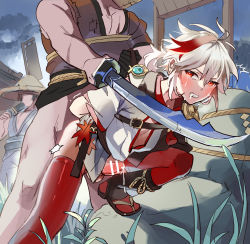 Rule 34 | 2boys, 2others, absurdres, censored, cum, ejaculating while penetrated, ejaculation, genshin impact, grey hair, hair between eyes, highres, itsme takk, japanese clothes, kaedehara kazuha, katana, leaf, male focus, male penetrated, maple leaf, multicolored hair, multiple boys, multiple others, penis, ponytail, rape, red eyes, red hair, sex, sex from behind, short hair, stone, streaked hair, sword, testicles, vision (genshin impact), weapon, yaoi