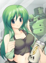 Rule 34 | alcohol, armored core, armored core: for answer, beer, blue eyes, breasts, cleavage, covered erect nipples, crop top, from software, green hair, large breasts, long hair, may greenfield, mecha, merrygate, midriff, robot, smile, tank top