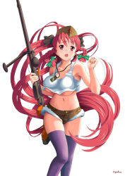 Rule 34 | 1girl, :o, anti-materiel rifle, braid, breasts, cleavage, crop top, crop top overhang, cutoffs, dog tags, gun, hammer and sickle, hat, holding, large breasts, long hair, midriff, navel, number10 (hagakure), open mouth, original, ptrs-41, purple thighhighs, red eyes, red hair, rifle, running, shiny skin, short shorts, shorts, simple background, skindentation, sniper rifle, solo, star (symbol), thigh gap, thighhighs, twin braids, underboob, very long hair, weapon, white background