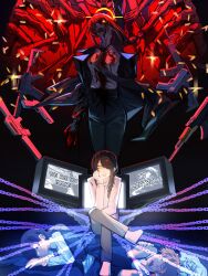 Rule 34 | 1boy, 3girls, absurdres, black hair, business suit, chain, chainsaw man, crossed legs, denji (chainsaw man), formal, glowing, glowing eye, hair over one eye, halo, heartbreak juan, highres, looking at viewer, makima (chainsaw man), mitaka asa, multiple girls, nayuta (chainsaw man), open mouth, red hair, sitting, sitting on person, spoilers, suit, television