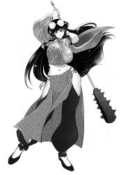 Rule 34 | 1girl, arms up, blunt bangs, breasts, chinese clothes, club, club (weapon), coke-bottle glasses, commentary request, contrapposto, crop top, curvy, detached leggings, eyewear on head, flats, floral print, full body, genderswap, genderswap (mtf), glasses, greyscale, high contrast, highres, holding, holding weapon, huge breasts, huge weapon, kanabou, long hair, looking at viewer, marimo (yousei ranbu), midriff, monochrome, mousse (ranma 1/2), navel, panties, pelvic curtain, ranma 1/2, round eyewear, side-tie panties, solo, spiked club, standing, underwear, weapon, weapon on back, wide sleeves