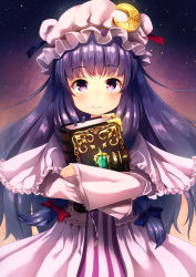Rule 34 | 1girl, blue bow, blue ribbon, blush, book, bow, capelet, crescent, crescent hair ornament, dress, hair bow, hair ornament, hat, hat ribbon, highres, long hair, long sleeves, looking at viewer, mob cap, patchouli knowledge, purple eyes, purple hair, red bow, red ribbon, ribbon, sidelocks, smile, solo, striped clothes, striped dress, sunsuke, touhou, vertical stripes, wide sleeves