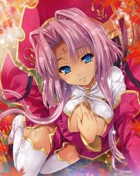 Rule 34 | 1girl, artist request, blue eyes, breasts, china dress, chinese clothes, cleavage, cleavage cutout, clothing cutout, dress, eyebrows, facial mark, forehead, forehead mark, from above, groin, hair intakes, hand on own chest, hat, koihime musou, looking at viewer, looking up, no panties, outstretched arm, pink hair, red dress, red hat, short hair, sitting, smile, solo, sonken, thighhighs, thighs, white thighhighs