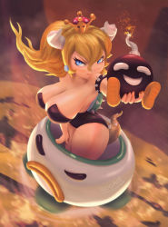 Rule 34 | 1girl, absurdres, armlet, black leotard, blonde hair, blue eyes, bob-omb, bowsette, breasts, cleavage, closed mouth, commentary, crown, english commentary, fire, floating hair, foreshortening, fuse, gatoki88, hair between eyes, highres, holding, horns, huge breasts, koopa clown car, leotard, long hair, looking at viewer, mario (series), mini crown, new super mario bros. u deluxe, nintendo, ponytail, self-upload, signature, solo, spiked armlet, spiked shell, spiked tail, spikes, strapless, strapless leotard, super crown, tail, turtle shell
