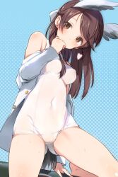 Rule 34 | 1girl, ass, bare shoulders, barefoot, bow, brave witches, brown eyes, covered erect nipples, covered navel, hair bow, head tilt, head wings, heart, jacket, karibuchi takami, long hair, looking to the side, off shoulder, one-piece swimsuit, polka dot, polka dot background, school swimsuit, shimada fumikane, solo, spread legs, swimsuit, white bow, white swimsuit, wings, world witches series
