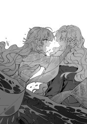 Rule 34 | 2girls, adjusting another&#039;s hair, coat, curly hair, dutch angle, eye contact, face-to-face, fang, from side, fur-trimmed coat, fur trim, greyscale, hand on another&#039;s head, hand up, highres, long hair, looking at another, mermaid, monochrome, monster girl, multiple girls, open mouth, partially submerged, profile, reverse:1999, scales, shirt, upper body, vila (reverse:1999), water, wet, white background, windsong (reverse:1999), xunyu (manyu), yuri