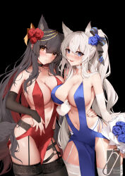 Rule 34 | 2girls, :d, absurdres, alternate hairstyle, animal ear fluff, animal ears, arknights, bare shoulders, black bow, black choker, black hair, black thighhighs, blue dress, blue eyes, blue flower, blue rose, blush, bouquet, bow, breasts, bridal gauntlets, brown eyes, center opening, choker, collarbone, colored inner hair, cowboy shot, dress, flower, garter belt, hair bow, hair flower, hair ornament, highres, holding, holding bouquet, lappland (arknights), large breasts, looking at viewer, multicolored hair, multiple girls, navel, open mouth, parted lips, pelvic curtain, ponytail, qinshishizhang, red dress, red flower, red hair, red rose, revealing clothes, rose, scar, scar on face, simple background, sleeveless, sleeveless dress, smile, tail, texas (arknights), thighhighs, two-tone hair, white choker, white hair, white thighhighs, wolf ears, wolf girl, wolf tail