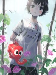 Rule 34 | 1girl, absurdres, black eyes, black hair, black shorts, clothes writing, commentary request, flower, highres, holding, holding watering can, looking at viewer, morning, morning glory, okura lino, original, outdoors, pink flower, plant, print shirt, scenery, shirt, short hair, short sleeves, shorts, solo, t-shirt, watering can, white shirt