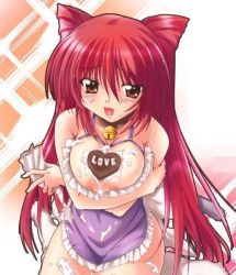 Rule 34 | 00s, animal ears, apron, bell, blush, breasts, breasts squeezed together, brown eyes, bukkake, cake, cat ears, cat tail, chocolate, collar, cum, food, frills, heart, huge breasts, jingle bell, kousaka tamaki, long hair, naked apron, neck bell, nipples, open mouth, pastry, red hair, solo, tail, to heart (series), to heart 2