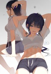 Rule 34 | 1girl, absurdres, arm support, arms behind head, arms up, black hair, black shorts, blue eyes, blue hair, bra, bra visible through clothes, breasts, dolphin shorts, from behind, grey bra, highres, looking at viewer, medium breasts, midriff, multicolored hair, multiple views, myabit, navel, open mouth, original, shirt, short sleeves, shorts, sitting, solo, stomach, streaked hair, thighs, tied shirt, underwear